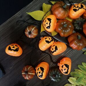 Светодиодная гирлянда на батарейках Halloween - Тыковка Джек 2.1 м, 8 холодных белых LED ламп, черный ПВХ, IP44 (Star Trading, Швеция). Артикул: 728-80