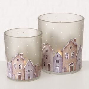 Набор стеклянных подсвечников Тилбургские Домики 8-10 см серый, 2 шт (Boltze, Германия). Артикул: 2024344-1