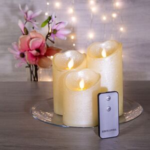 Набор восковых светодиодных свечей Живое Пламя 3 шт на пульте, перламутровый, на батарейках (Kaemingk, Нидерланды). Артикул: 480012