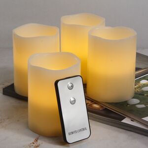 Набор светодиодных свечей с имитацией пламени Уотерфорд 10 см, 4 шт с пультом управления, на батарейках (Kaemingk, Нидерланды). Артикул: 480238