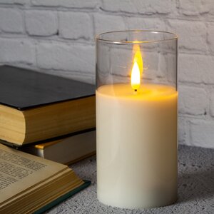 Светодиодная свеча в колбе с живым пламенем Одри 15 см в прозрачном стакане, на батарейках (Kaemingk, Нидерланды). Артикул: ID67176