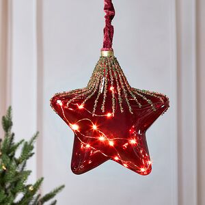 Подвесной светильник Денали - Звезда 20 см, 15 микро LED ламп, красный, таймер, на батарейках, стекло (Kaemingk, Нидерланды). Артикул: 486308
