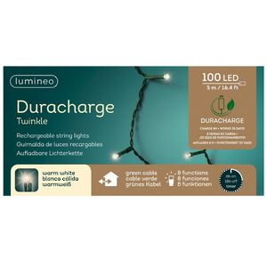 Светодиодная гирлянда на батарейках-аккумуляторах Lumineo Duracharge 5 м, 100 теплых белых LED ламп, зеленый ПВХ, контроллер, IP44 Kaemingk (Кейминг) фото 2