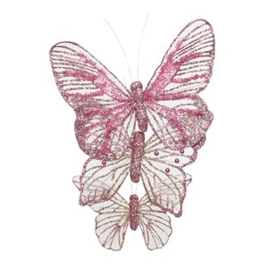 Набор декоративных украшений Бабочки Orecolo 11-14 см, 3 шт, розовый, клипса (Kaemingk, Нидерланды). Артикул: 521096-1