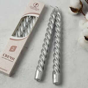 Свечи витые 24.5 см, 2 шт, серебро (Омский Свечной, Россия). Артикул: 7815-свеча