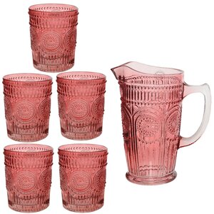 Набор для воды Робертино: кувшин + 5 стаканов, розовый, стекло (Kaemingk, Нидерланды). Артикул: ID64351