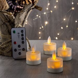 Набор чайных восковых светодиодных свечей Живое Пламя 4 шт с пультом управления и диммером, кремовые, на батарейках (Koopman, Нидерланды). Артикул: AX5402300