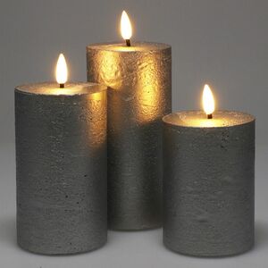 Набор светодиодных восковых свечей Rustic 10-15 см серебряный, мерцающее пламя, 3 шт, на батарейках, таймер