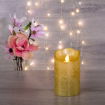 Светодиодная свеча Живое Пламя 12.5 см золотая восковая на батарейках, таймер