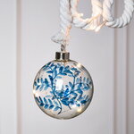 Декоративный подвесной светильник Шар Голубые Листья 10 см, 10 теплых белых LED ламп, на батарейках